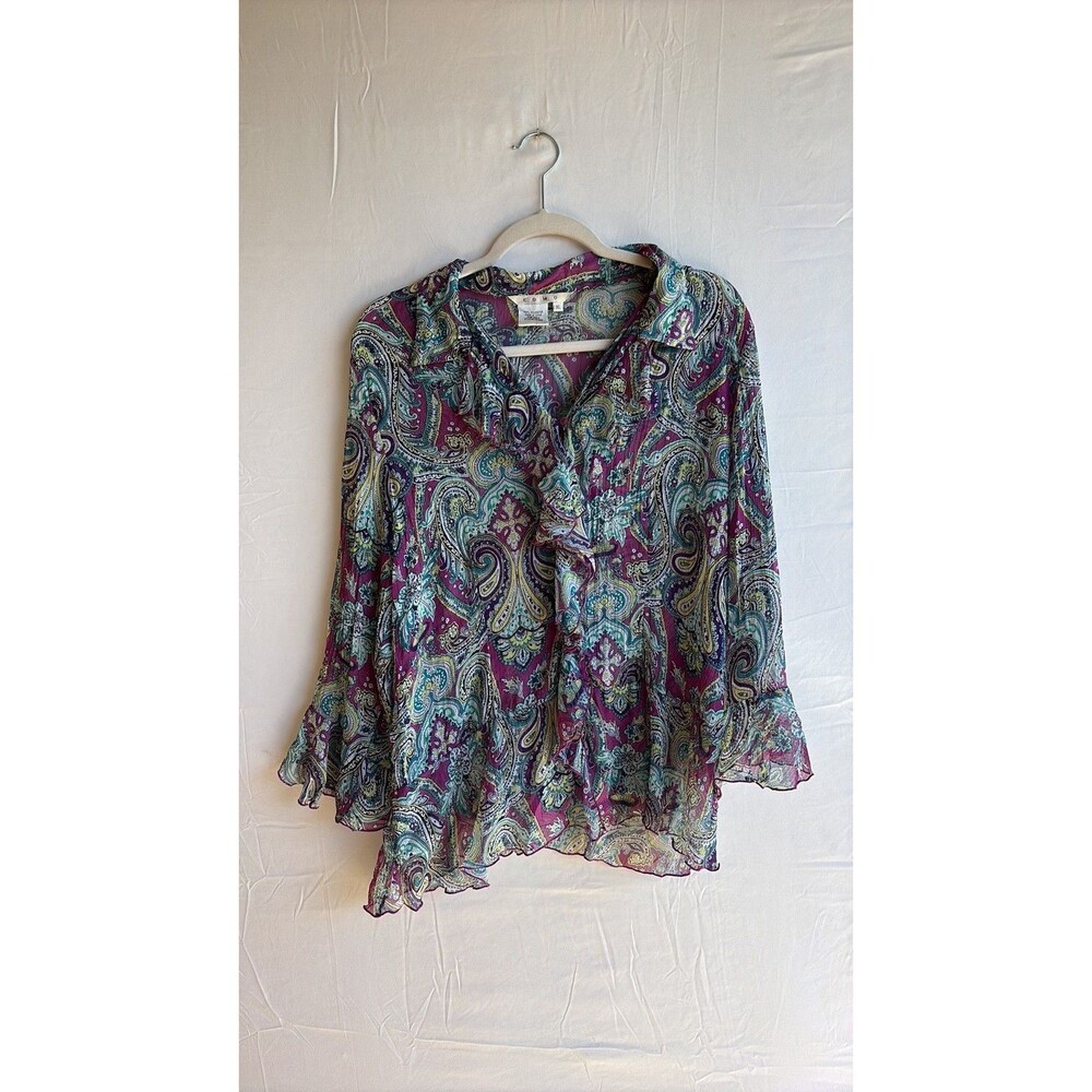 Vintage-Style Como Paisley Print Ruffle Mesh Blouse XL